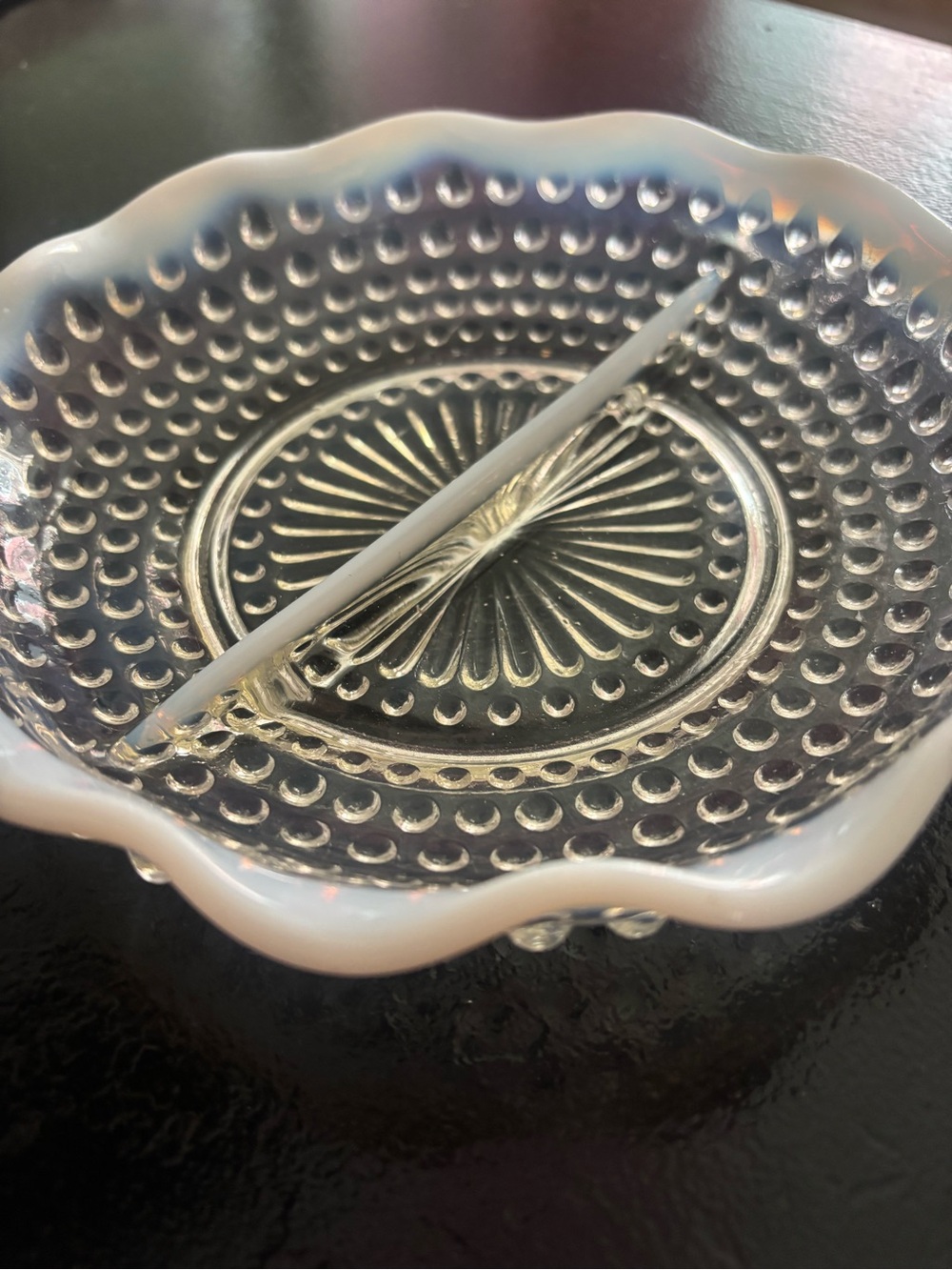 Vintage Fenton Moonstone Divided Glass Hobnail Dish